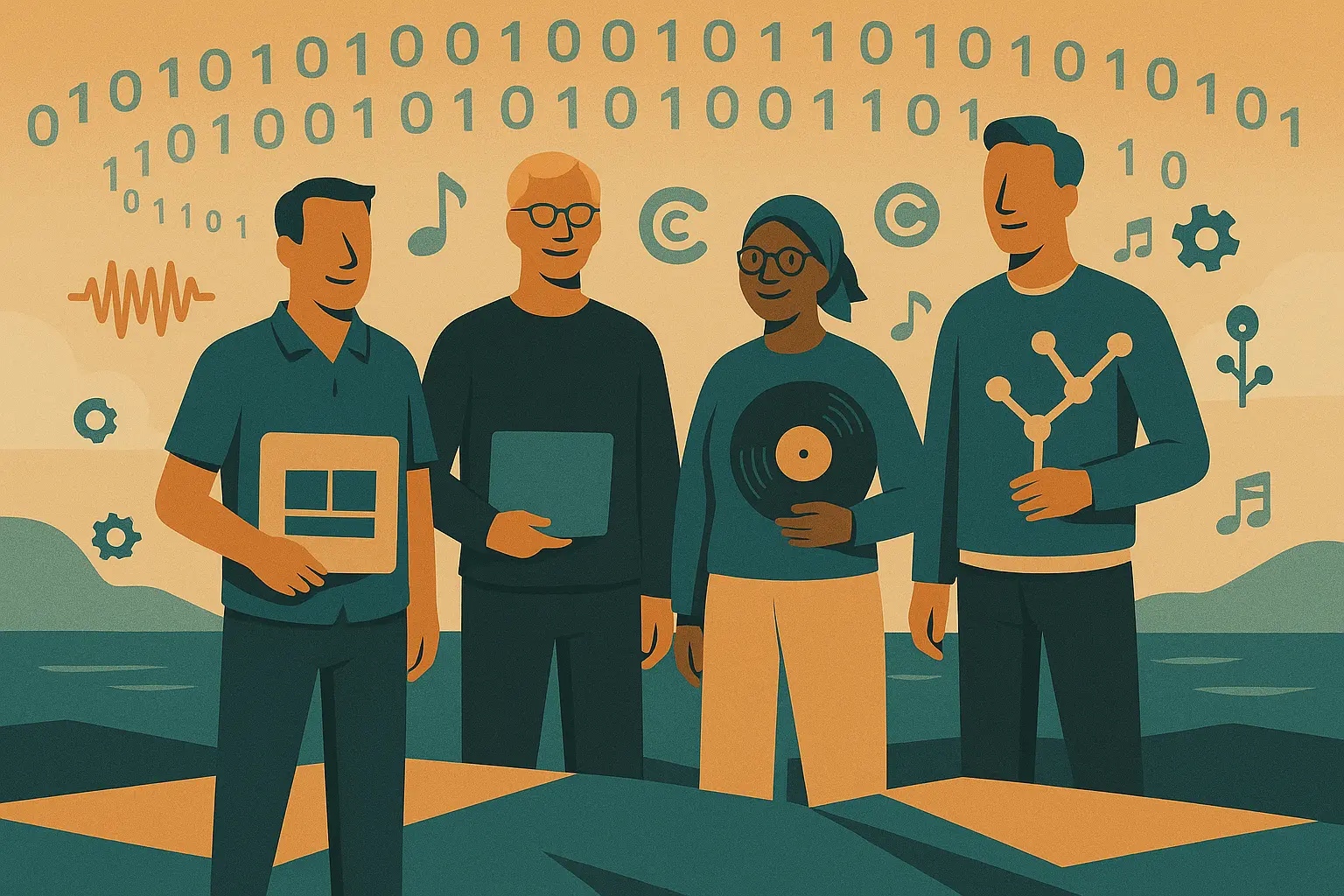 A stylized group photo with core CORPUS team members Lars Ullrich, Max Graf, Sophie Benoit and Mathis Nitschke