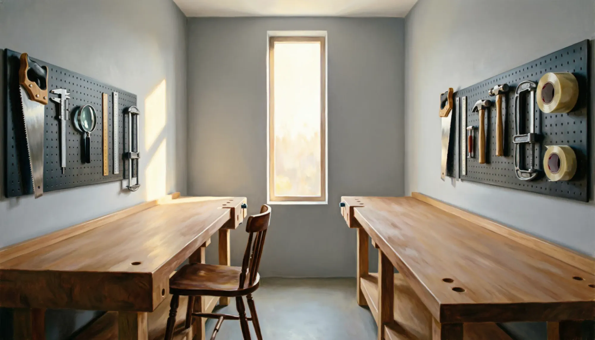An orderly workshop with tools hanging on walls and clean workbenches, fully equipped but entirely unused, seen from the doorway.