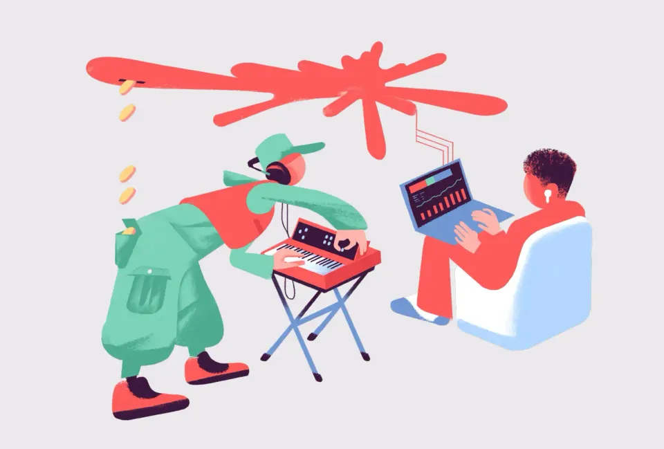 A musician at a keyboard and a developer at a laptop, connected by a burst of energy between them — value created from musical contribution flowing back to the artist who made it possible.