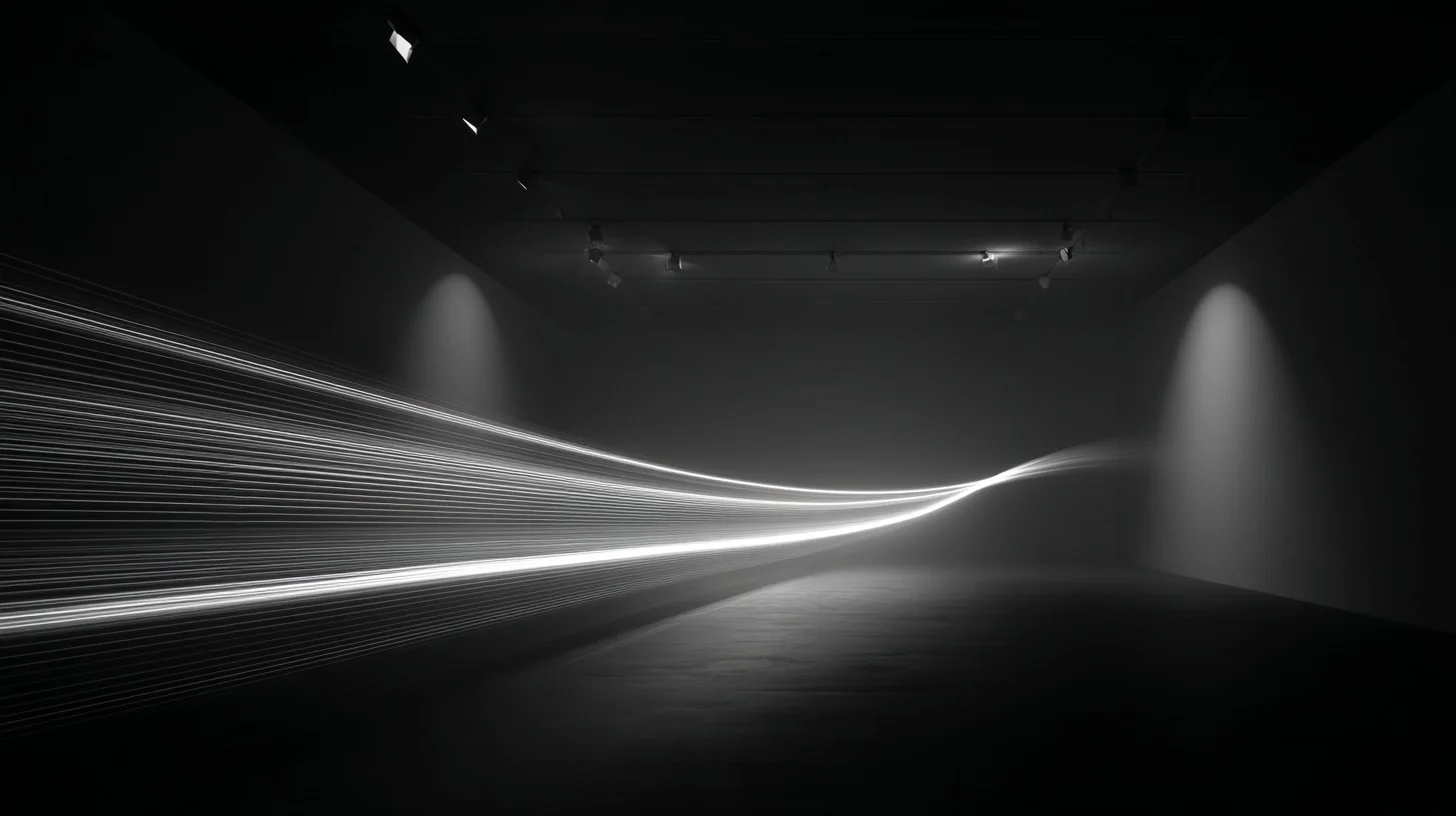 Lines of light flowing through a dark gallery space — a visual metaphor for continuous, machine-driven adaptive sound