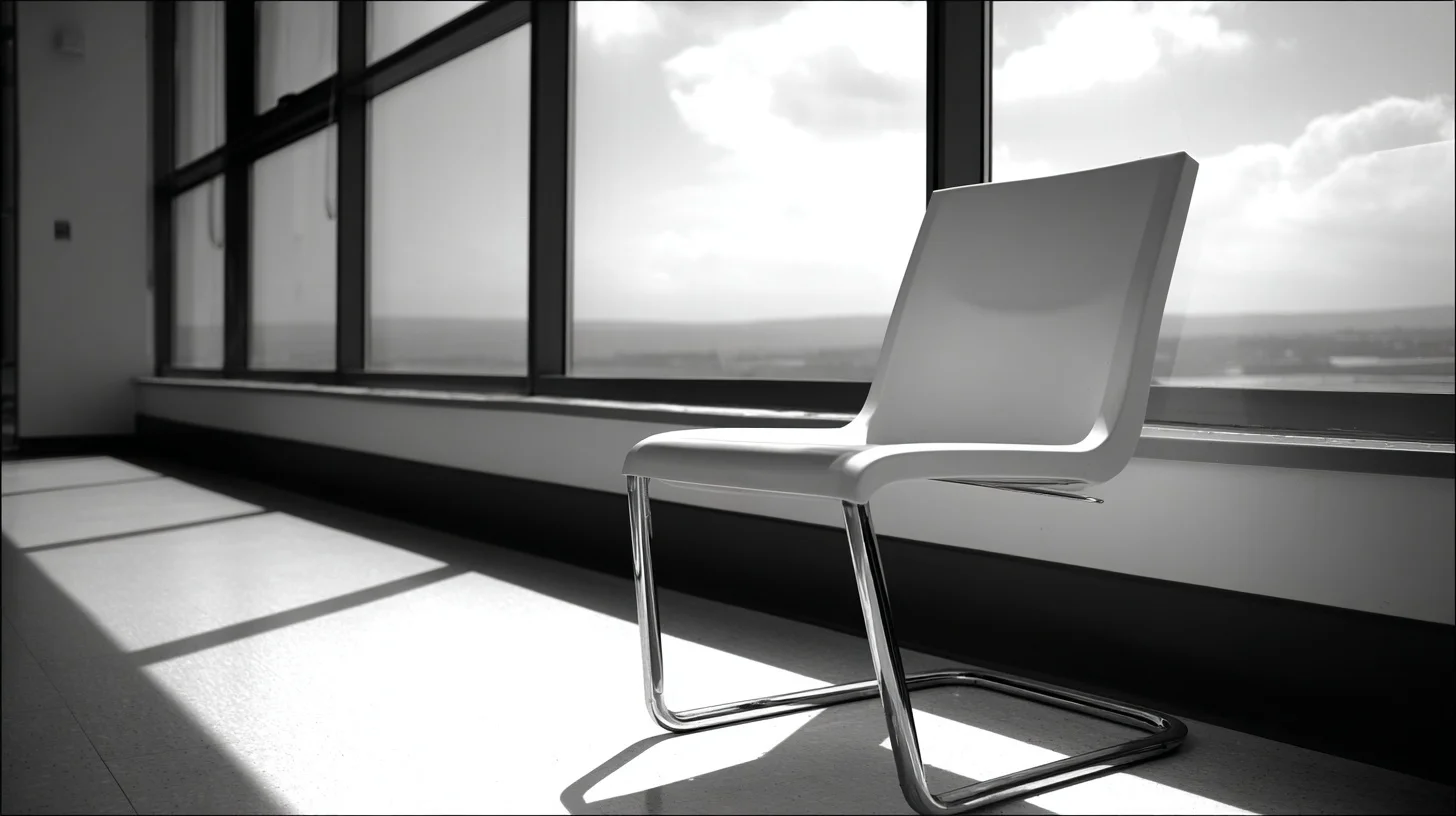 An empty modern chair in a sunlit clinical room, no one sitting — representing the absence of care workers in understaffed facilities