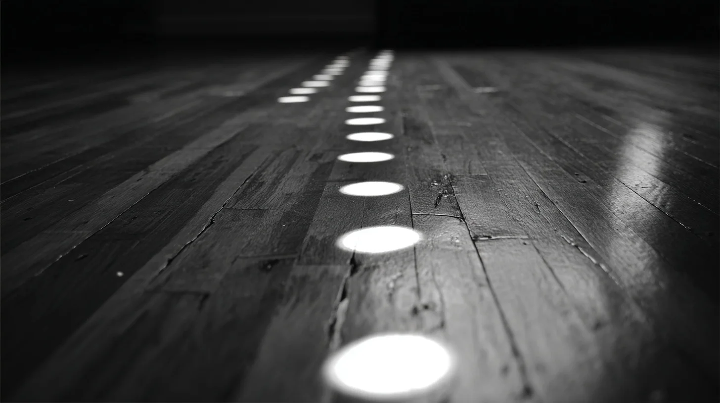 Points of light tracing a path across a dark wooden floor — evoking step-by-step recovery and the infrastructure being built