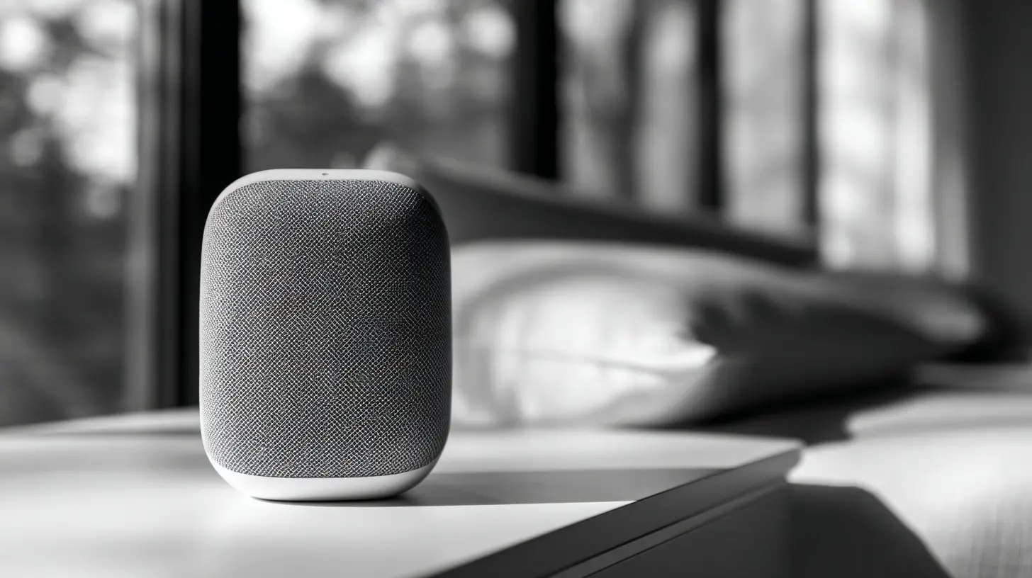 A small speaker on a bedside table in a dim hospital room