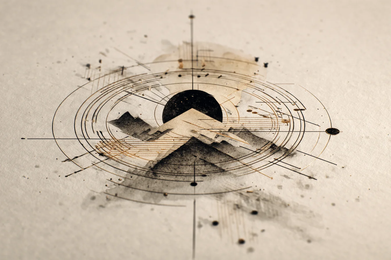 Conceptual illustration on cream paper: a black mountain silhouette held at the center of a diagrammatic apparatus of concentric circles, dotted lines, crosshairs, and small ink splatters.