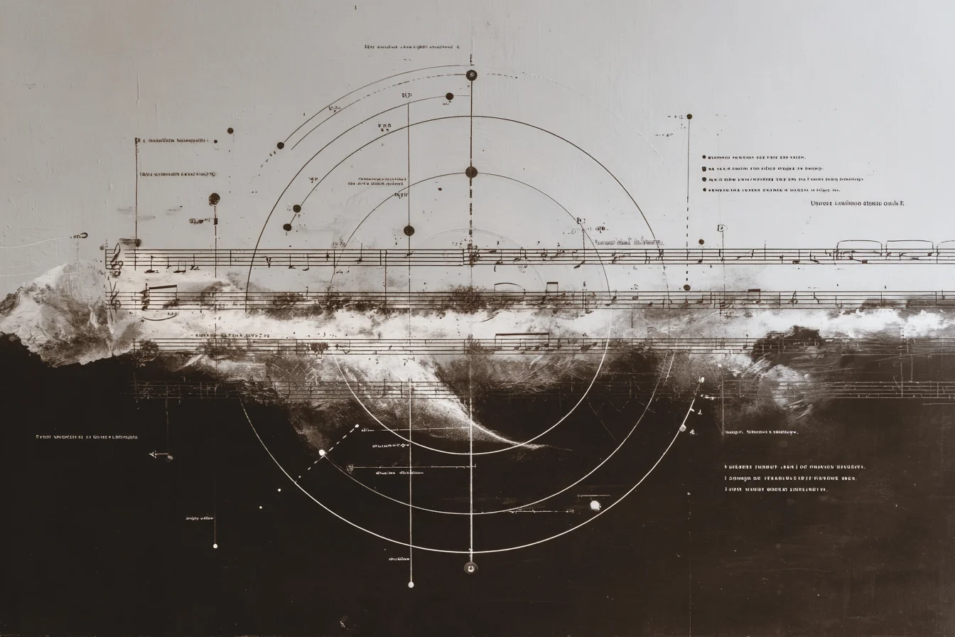 Poetic abstract illustration on warm sepia paper: a dark gestural landscape stretches horizontally across the middle, overlaid with white concentric circles, dotted lines, points, and tiny notations — a natural scene being mapped diagrammatically.