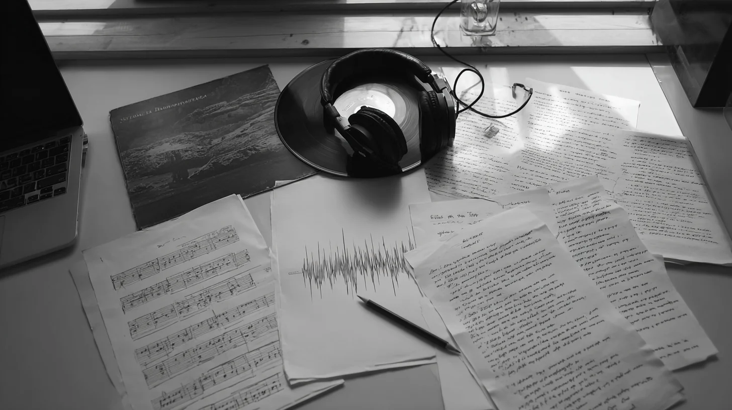 A desk in black and white: headphones resting on a vinyl record, sheet music, handwritten pages of notes, and a hand-drawn waveform spread across the working surface.