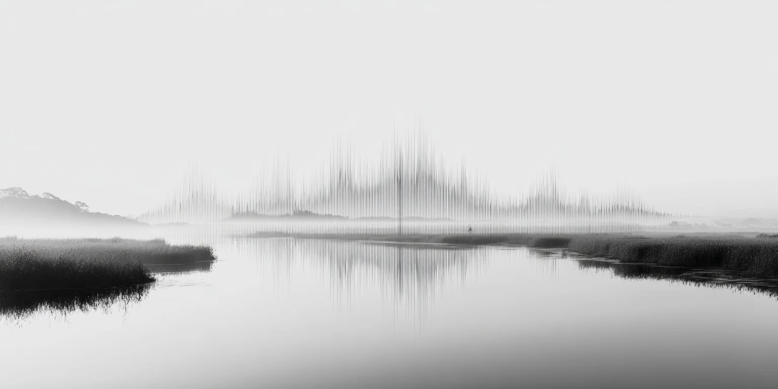 Misty monochrome river landscape with a reflected sound-wave graphic across the water